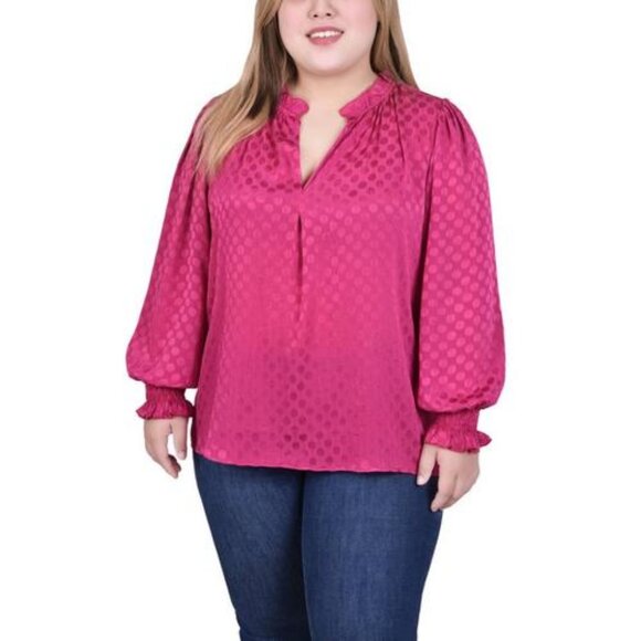 NY Collection Plus Size Long Sleeve Smocked Cuff Blouse - Sangria 2X NWT - Picture 1 of 5